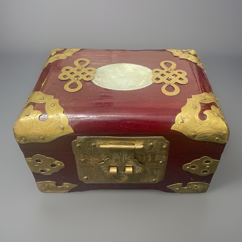 Vintage Asian Wooden Jewelry Box Ornate Brass Carved  Green  Jade Top Silk Lined